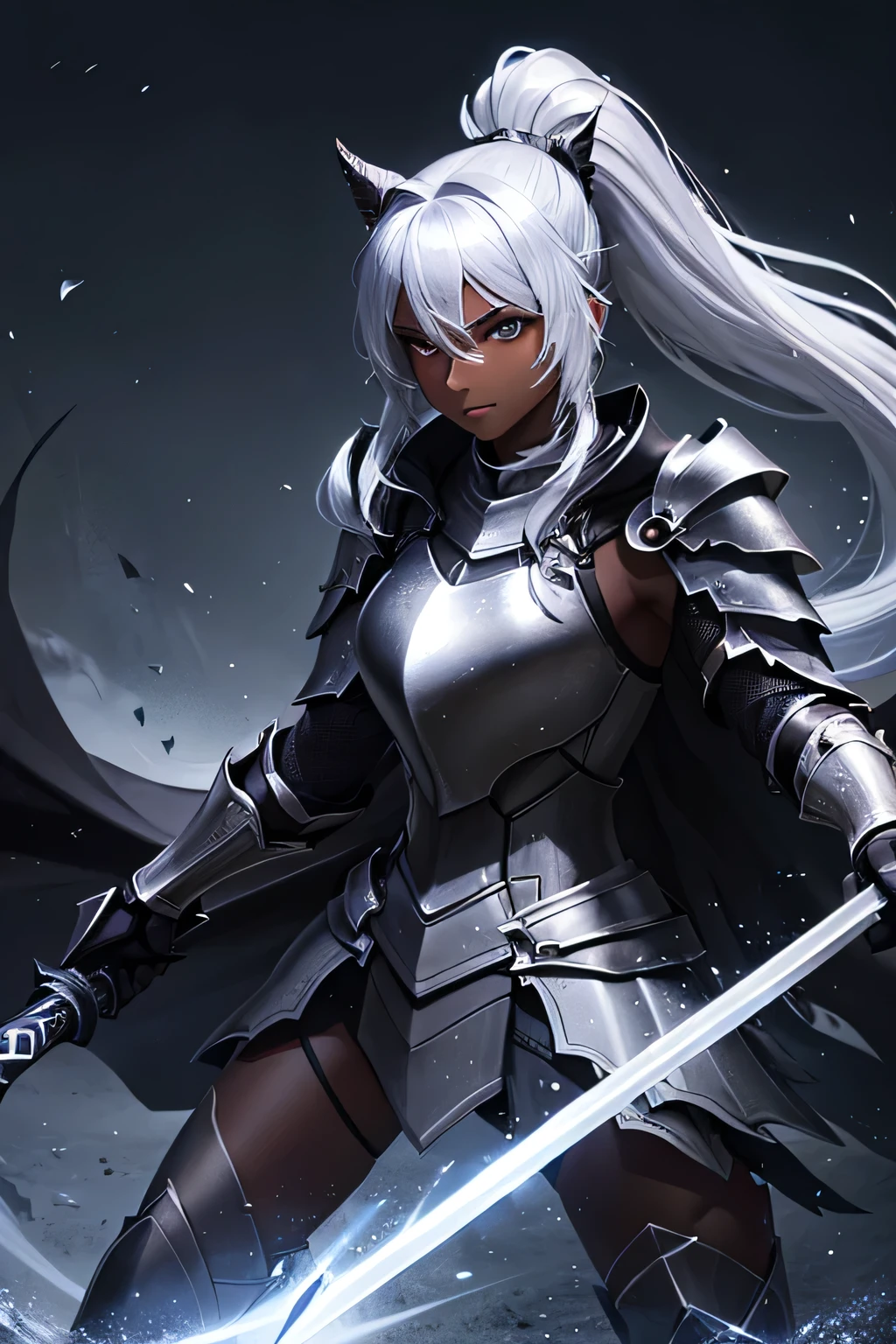 Beautiful 20 year old woman, (((Silver ponytail))),(((Dark Skin)))、Dark Knight,(((Black Armor)))、Swinging the Sword、In the Dark、Black Cape