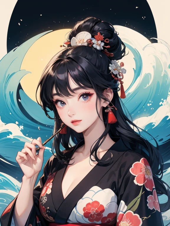 (Highest quality、masterpiece、8K)、Ukiyo-e、Vibrant colors、Katsushika Hokusai、1 female、Black hair Japanese topknot、The kimono has a vivid floral pattern on a white background.、Official Art、背景はUkiyo-e風、White waves and Mt. Fuji、White waves and the moon