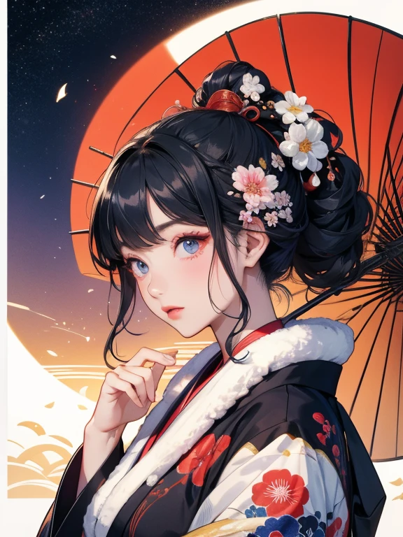 (Highest quality、masterpiece、8K)、Ukiyo-e、Vibrant colors、Katsushika Hokusai、1 female、Black hair Japanese topknot、The kimono has a vivid floral pattern on a white background.、Official Art、背景はUkiyo-e風、White waves and Mt. Fuji、White waves and the moon