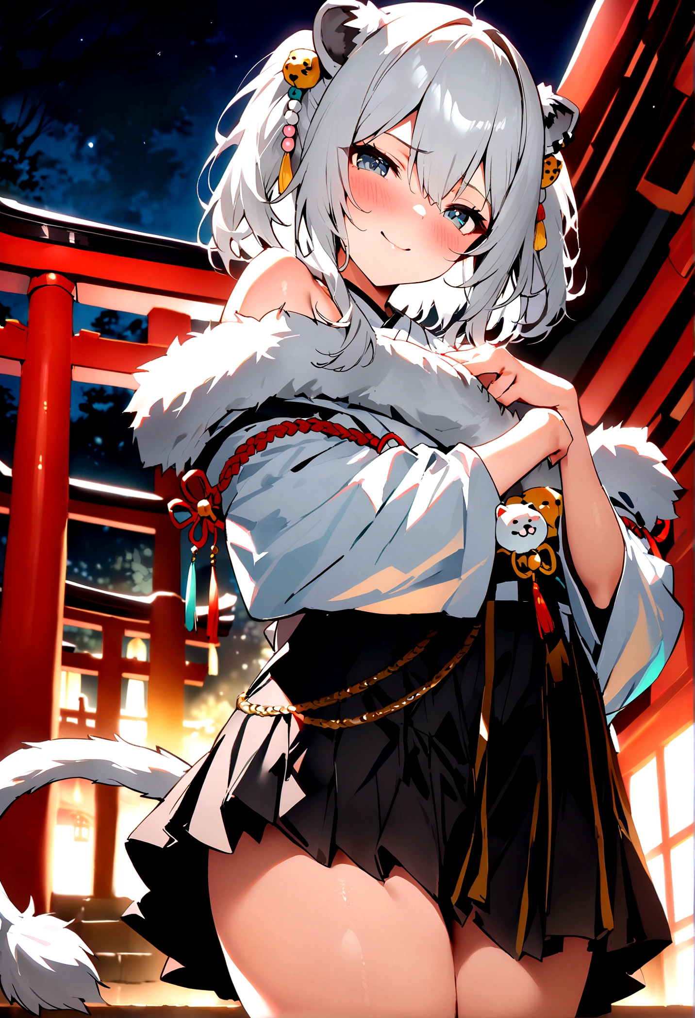 NSFW,masterpiece,Highest quality,High resolution,Super detailed,Shishirabotan\(Hololive\),Double Odango、flower、Side Lock、Lion's tail、White kimono、Off the shoulder、fur ornament、Black Hakama、Short skirt,Bad smile,blush,Shrine at night,torii,Sexy pose