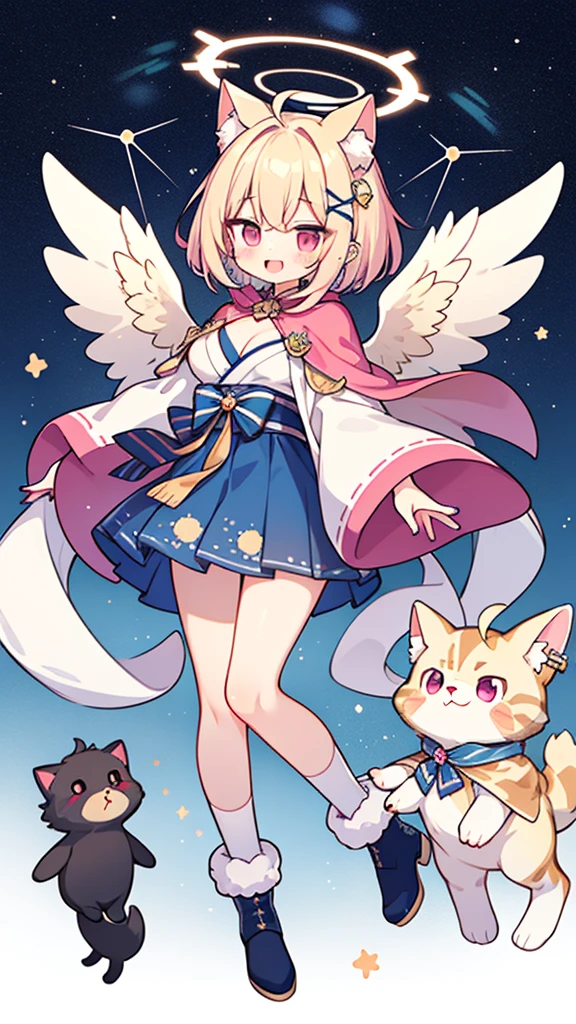 angel halo, wonderland, one huge breasted girl, alone, ahoge, woven, pink eyes, heart (symbol), pink nails, boots, full body lesbian, bow, animal cat ears, ruby, long pink hair, drilled tails, show viewer, manicure, fur trim, open mouth, colorful hair, pink headdress, skirt, fluffy sleeves, cape, goodbye to hair accessories , hairstyle, cleavage, bangs, long sleeves, pink ribbon, hair ornament, pink hair, beautiful print, Japanese style dress, blonde hair, pink capelets, nipple chains, very long hair, skirt, x hair ornament, wings, some striped, blush, ears Nipple Ring, blue footwear, Head wings, :this, constellation print, fluffy long sleeves, blue skirt, striped ribbon , socks, constellations,short hair
