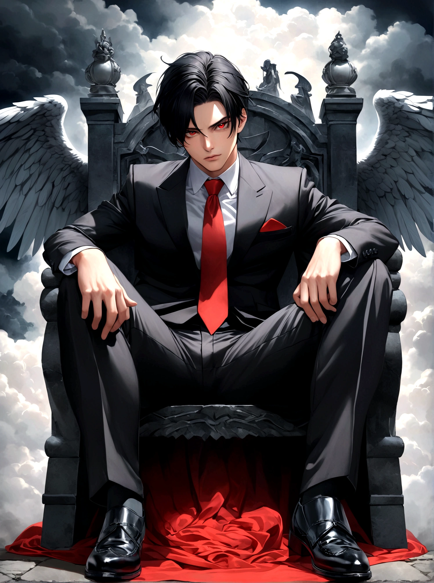 night，A Western man sitting on a stone seat，Night，Thick fog，Smoke background，Stone Throne towering in the clouds，Stone Throne，black hair，Black Hair，Black suit suit，Black suit，Red tie，Red pupils，Red pupil，Colored Contact Lenses，There is a pair of huge angel wings behind，Crossing your legs，Hyperrealism，