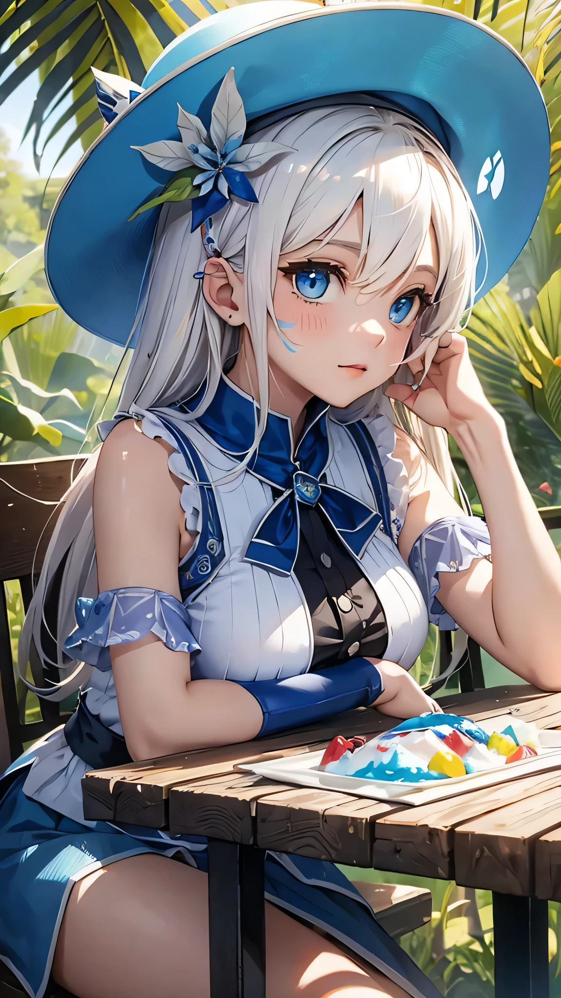 最high quality、Best image quality、masterpiece、With a girl((cute、15 years old、Best Bust、Medium Bust、Bust 85,Beautiful Blue Eyes、Spread your chest wide,Blonde lointail、Slender、The best valley、、Blue sleeveless shirt、White shorts,Show the whole body、Blue Mesh,Leaning forward greatly、Blue hat、Blue Intercom,Face Paint))high quality、Beautiful art、background((summertime、White table、White chair、shaved ice、)),Tabletop、Exquisite design、Visual Arts、Depth of written boundary、Best lighting、Highest detail、8k