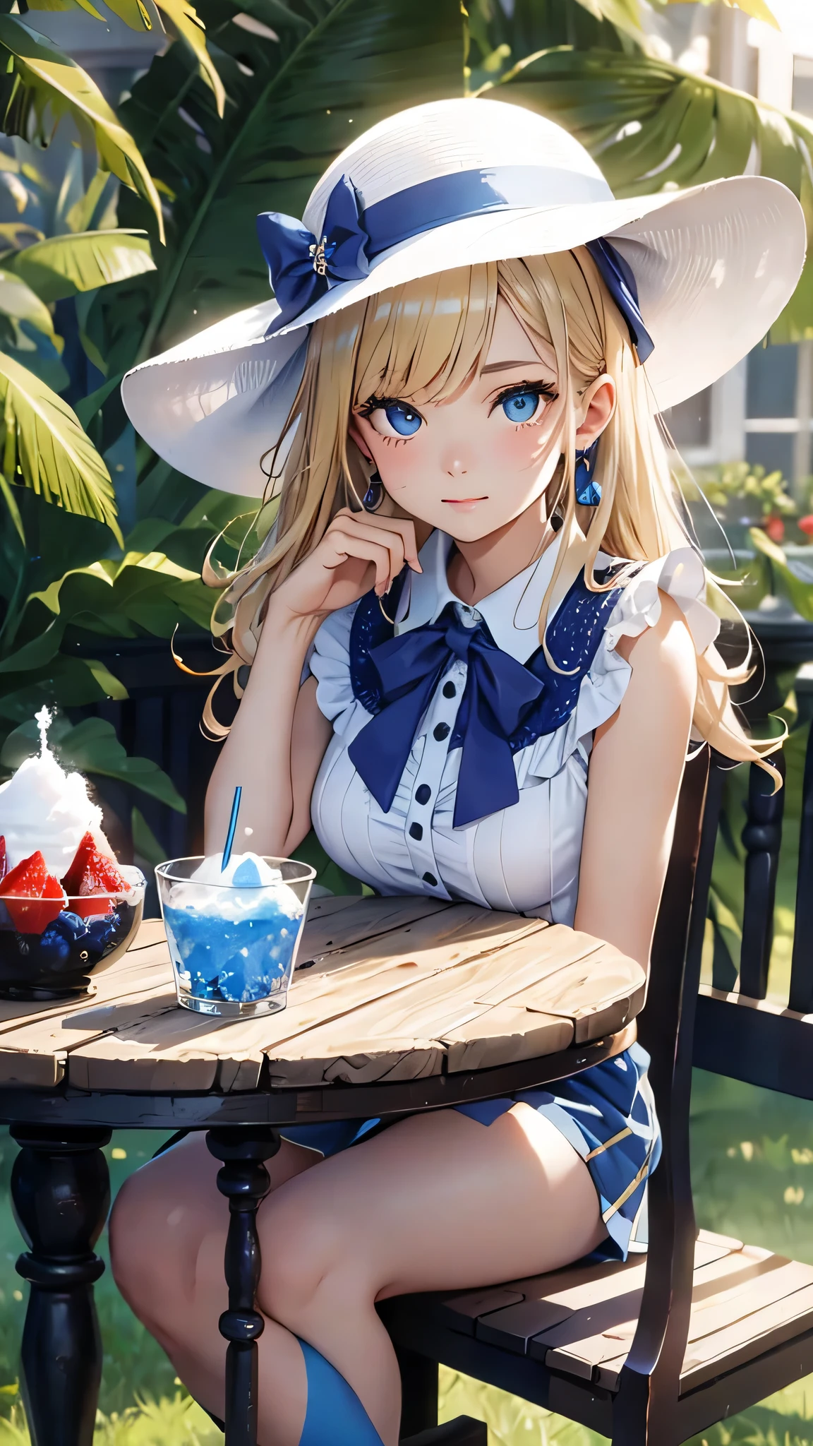 最high quality、Best image quality、masterpiece、With a girl((cute、、Best Bust、Medium Bust、Bust 85,Beautiful Blue Eyes、Spread your chest wide,Blonde lointail、Slender、The best valley、、Blue sleeveless shirt、White shorts,Show the whole body、Blue Mesh,Leaning forward greatly、Blue hat、Blue Intercom,Face Paint))high quality、Beautiful art、background((summertime、White table、White chair、shaved ice、)),Tabletop、Exquisite design、Visual Arts、Depth of written boundary、Best lighting、Highest detail、8k