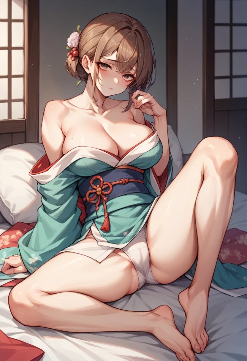 Brown-haired girl Her shoulder-length hair is tied back Wearing a beautiful kimono White underwear White skin tall With bangs Beautiful face Thin legs Large Breasts The cleavage is visible sitting on the bed With legs apart Thin legs Shy Anime Style