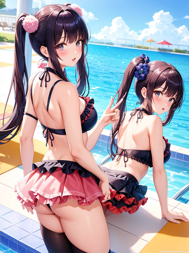 best quality, 1girl, masterpiece ultra detailed, illustration, yang guifei, glossy lips, blush, lips parted, short hair, twintails, standing, from behind, (frilly bikini with microskirt), pool