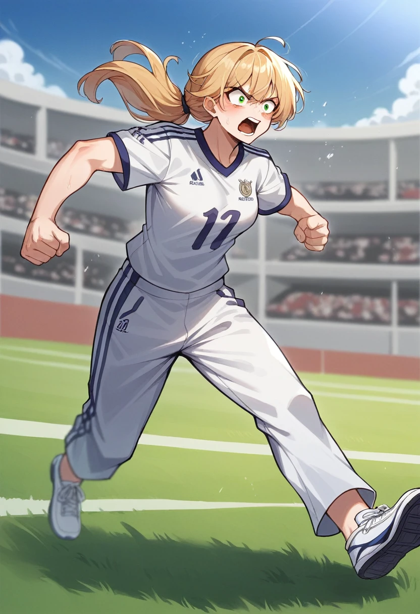 Pawalis Thongthip จัดไป:lisa from blackpink +Pretending to be  like a football player siuuu evil beauty safe indie under the eyes korean woman kpop idol, Running, clenching fists with on the world cup competition football field + wearing a red long Manchester United long-sleeved shirt AIG number7+ white pants