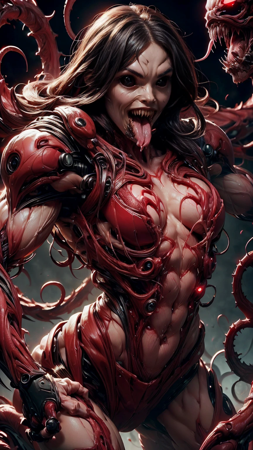 (beautiful girl face:1.45), megan fox as a vampiric muscular red carnage, (mouth wide open with tongue out:1.25), (red carnage anatomic muscular bio-mecha muscle suit:1.25), (body totally covered in muscles, veins, tendons), (perfect muscular anatomy),