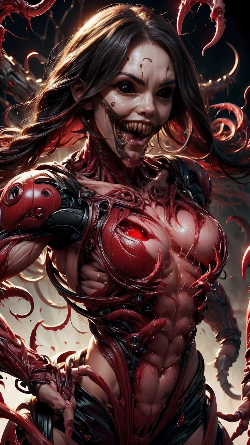 (beautiful girl face:1.45), megan fox as a vampiric muscular red carnage, (mouth wide open with tongue out:1.25), (red carnage anatomic muscular bio-mecha muscle suit:1.25), (body totally covered in muscles, veins, tendons), (perfect muscular anatomy),