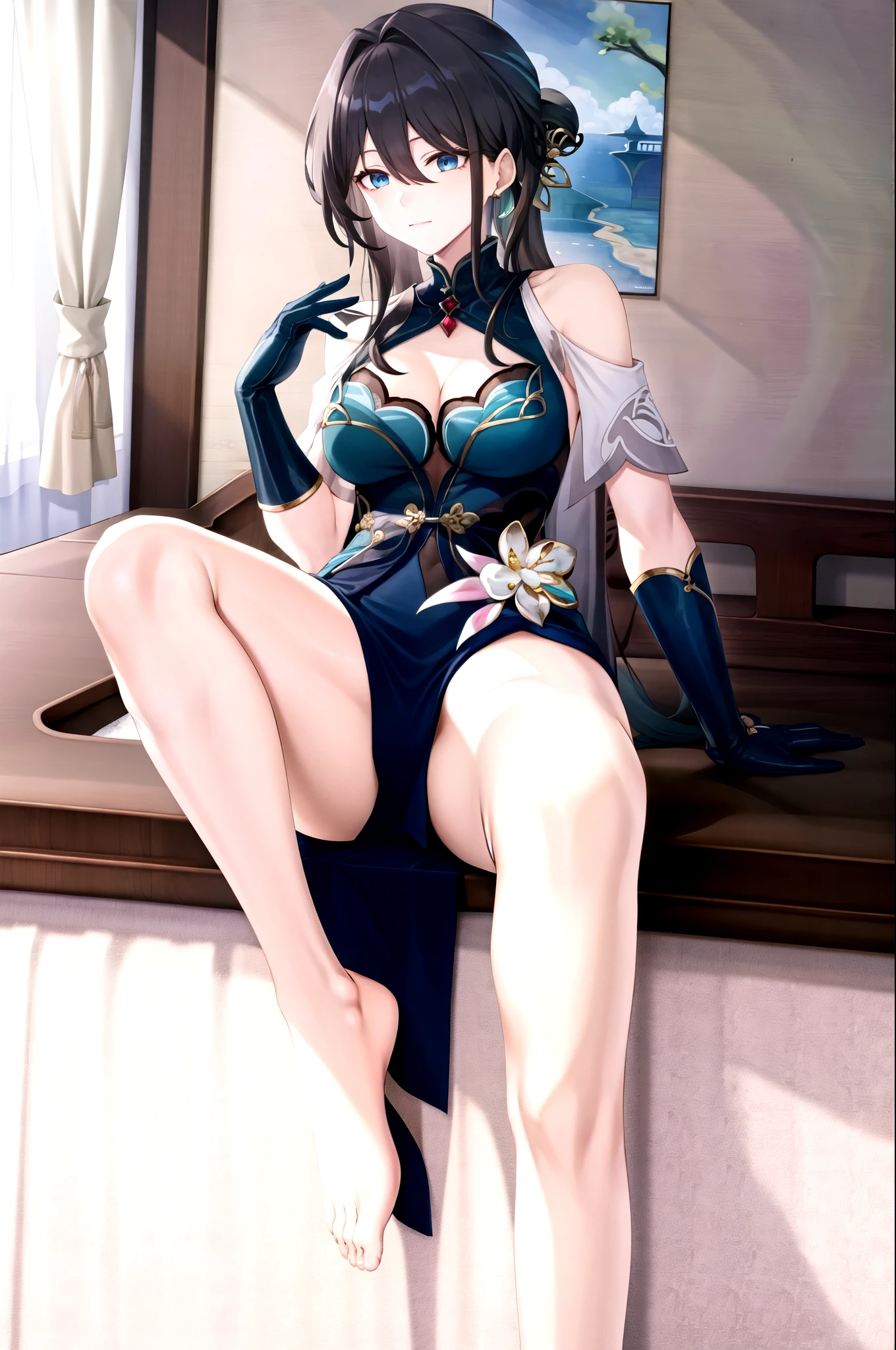 RUANMEI,Bangs,Long hair,skirt,Gloves,Hair between the eyes,Jewelry,Hair accessories,blue eyes,Black Hair,flower,black Gloves,blue skirt,indoors,bedroom,on the bed,A faint smile,Rosaria,, 1 Girl,
, (masterpiece,best quality:1.2),absurd,whole body,Long legs,pretty feet,Bare legs,sexy,spread the legs,tall