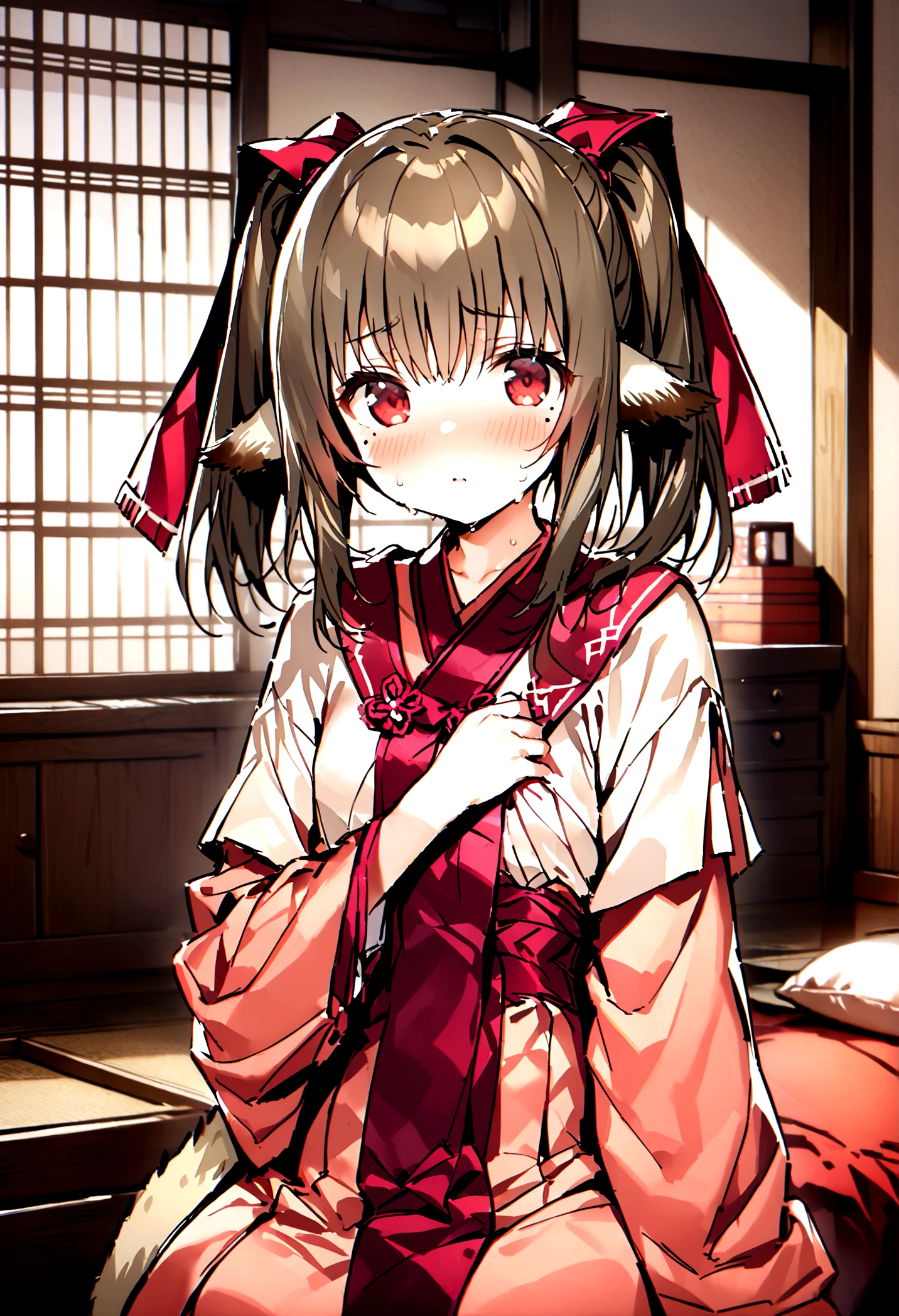 NSFW,masterpiece,Highest quality,High resolution,Super detailed,nekone \(utawarerumono\),Brown Hair、(Red Eye:1.3)、ribbon,Animal Ears,Twin tails、ヘアribbon、Mole、目の下のMole,Small breasts,(Prostitute),Sexy Outfits,Embarrassed,blush,Expecting face,Seduce,Luxurious Room,Japanese-style room
