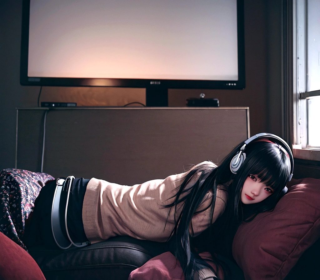 night、Girl listening to music in a cozy room, Using headphones, 2D-style animation, Lo-Fi, hard disk, Dark Environment, Nuclear explosion outside