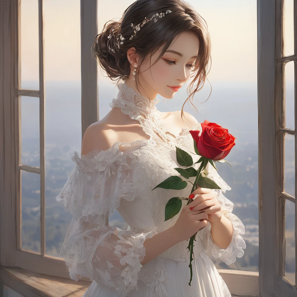 (masterpiece, Highest quality:1.2), One girl, alone,holding a rose flower in one hand
