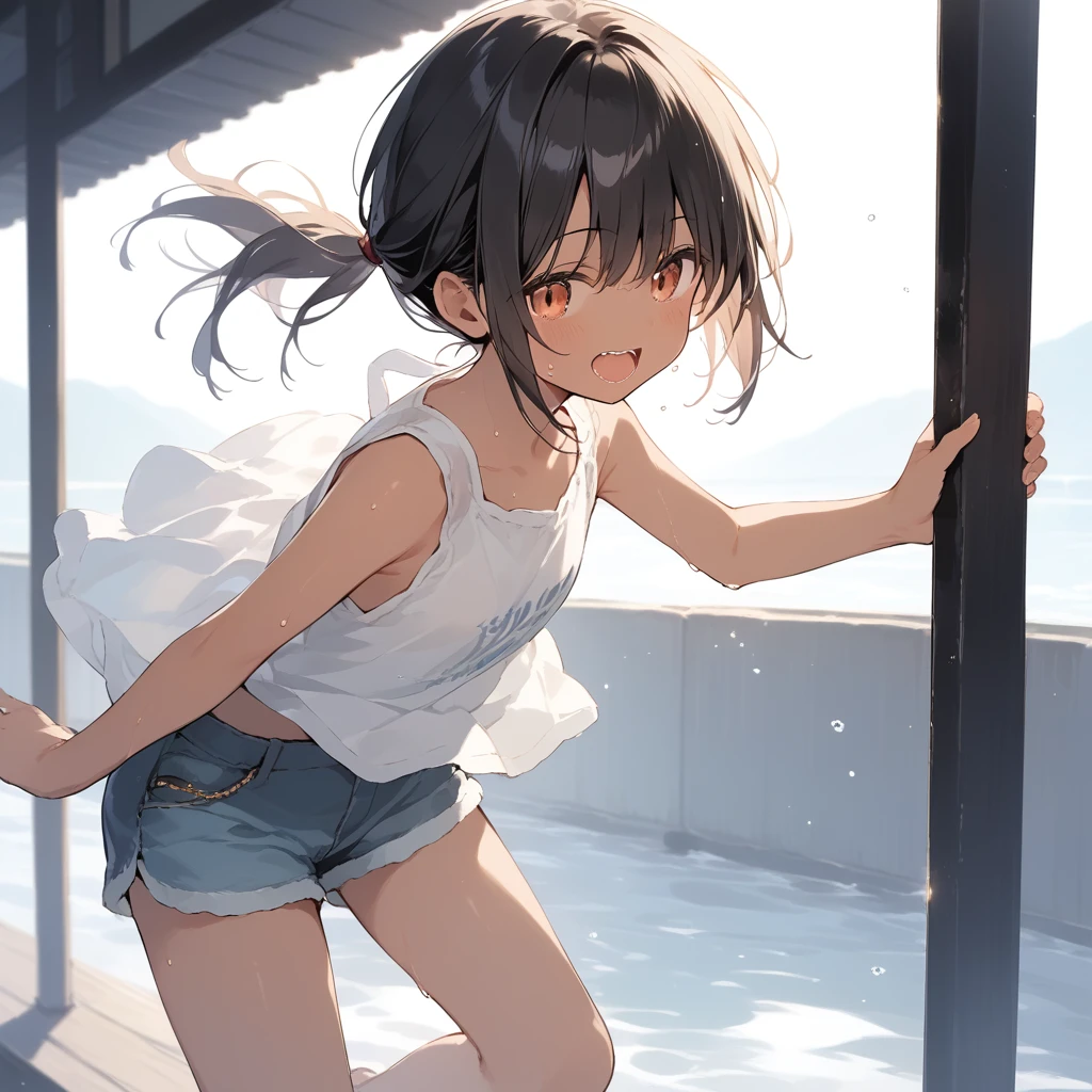 score_9, score_8_up, score_7_up, source_anime, best quality, masterpiece, official art, absurdres, highres, ultra-detailed,waifu2x,Collection: Slice of Life,break,1girl, tomboy, dark-skinned female, short hair, low ponytail, flat chest, beautiful detailed eyes, short shorts, sweat, open mouth, (yawn:0.3), sleepily, outdoors, wind,break,(clear line illustration:1.2), super detailed skin,very high resolution, very aesthetic, Best sexual lighting powered by famous artist, 8k,cute picture,beauty illustration,photoshop_(medium),,(Detailed Lighting),best anime 8k konachan wallpaper, pixiv contest winner,