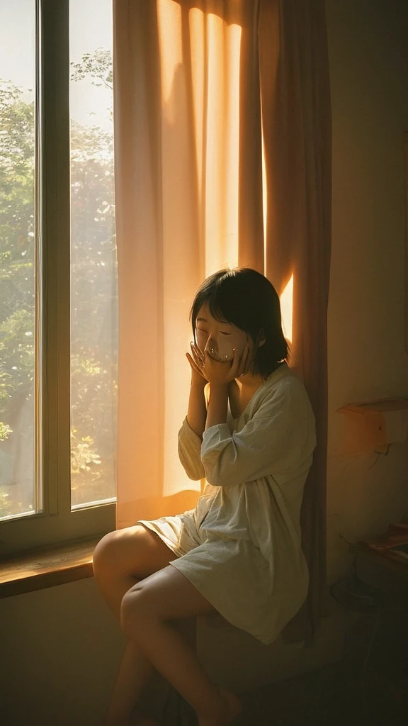 Sunset light coming in through the window 、A Japanese girl in her twenties crying in the corner of a room while looking at a photo