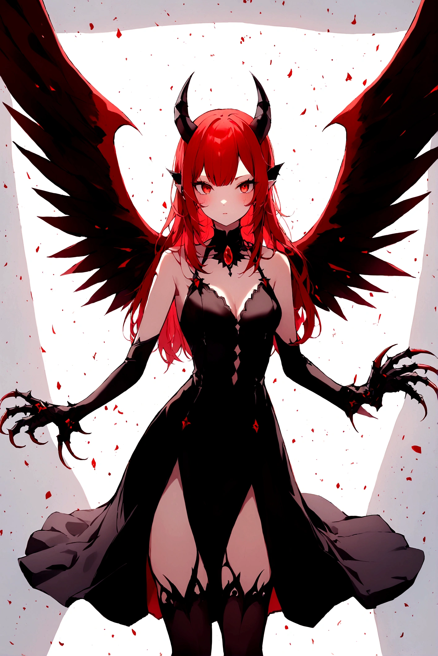 (score_9,score_8_up,score_7_up),1girl,girl demon,red hair,red eyes,wings,claws,black dress,beautiful_face,