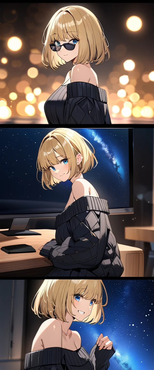 ((grin)), ((off-shoulder sweater:1.3, Quite thick shoulder straps)), ((black sweater)), ((sunglasses, hand to sunglasses)), (((from side))), (sitting on the very high cliff)), ((((upper body)))), ((Leaning to side)), (((a beautiful starry sky, the Milky Way shining beautifully in the night))), (wavy hair, inward curled hair, sea, ((blond hair, bob cut:1.3)), breasts, teenager, (looking at viewer), oversized clothes, puffy long sleeves, collarbone, head tilt:1.3, (((blue eyes))), happy smile, (((anime style))), (best quality, 4K, 8K, highres, masterpiece:1.2, ultra-detailed, ultra-detailed eyes, HDR, uhd, studio lighting, ultra-fine painting, sharp focus, physically-based rendering, extreme detail description, professional, vivid colors, bokeh)