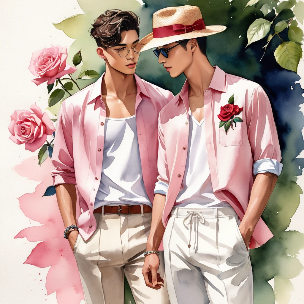 candid fashion illustration of young Mixed race 2man, Latino and Japanese male model, both aged 18-23 year old, ((showcase fashion look book in linen outfits)), the design inspired of The Emma Bridgewater rose by David Austin, in elegant chic style. The man wears an oversized short-sleeved shirt with a minimal rose embroidery details, paired with relaxed-fit white Short with Drawstring, He completes his look with white sneakers and round glasses. The boyfriend complements him in a Calf-length skinny fitted pants in a stripe woven cotton, semi bulge, He resemble includes an accessorizes with a brimmed straw hat and white sneakers, Captured in a low angle, ((full-body image)), ((roses drawing in water color in background)), fashion sketching, realistic drawing, ((imperfect water color drawing)), fashion look book, fashion illustrator, fashion sketch design, gay, gay couple, a lovely variety characterized color by its soft blush pink color, The blooms are large, with many petals forming a classic rosette shape. The color can range from a delicate pale pink to a slightly deeper shade, This rose is appreciated for its charming appearance and delightful,