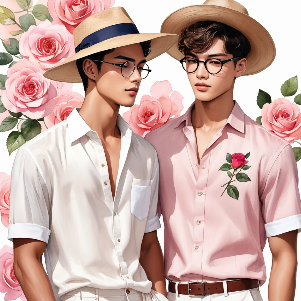 candid fashion illustration of young Mixed race 2man, Latino and Japanese male model, both aged 18-23 year old, ((showcase fashion look book in linen outfits)), the design inspired of The Emma Bridgewater rose by David Austin, in elegant chic style. The man wears an oversized short-sleeved shirt with a minimal rose embroidery details, paired with relaxed-fit white Short with Drawstring, He completes his look with white sneakers and round glasses. The boyfriend complements him in a Calf-length skinny fitted pants in a stripe woven cotton, semi bulge, He resemble includes an accessorizes with a brimmed straw hat and white sneakers, Captured in a low angle, ((full-body image)), ((roses drawing in water color in background)), fashion sketching, realistic drawing, ((imperfect water color drawing)), fashion look book, fashion illustrator, fashion sketch design, gay, gay couple, a lovely variety characterized color by its soft blush pink color, The blooms are large, with many petals forming a classic rosette shape. The color can range from a delicate pale pink to a slightly deeper shade, This rose is appreciated for its charming appearance and delightful,