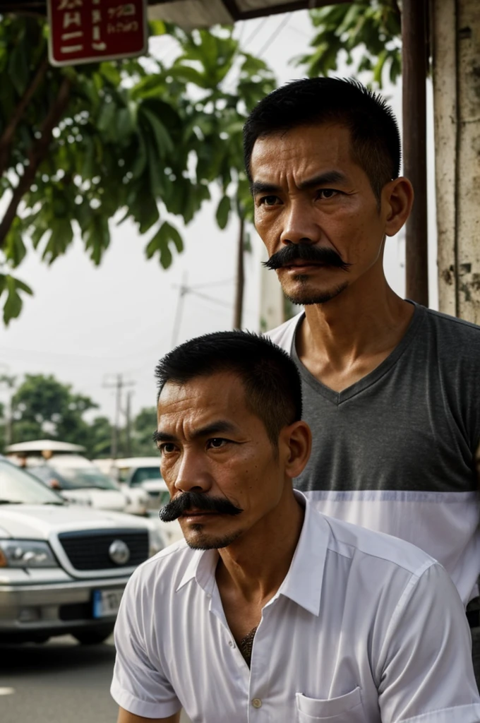 A thin Thai man He had short hair and a mustache and was wearing a white shirt. He had a very angry look on his face. At a roadside restaurant
