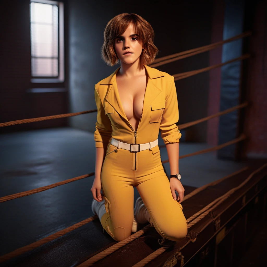 Emma Watson, (best quality,4k,8k,highres,masterpiece:1.2),ultra-detailed,(realistic,photorealistic,photo-realistic:1.37),woman in yellow jumpsuit in sewer,cinematic photography,35mm film,bokeh,professional,beautiful detailed eyes,beautiful detailed lips,extremely detailed eyes and face,longeyelashes,dark moody lighting,dramatic shadows,dramatic lighting,gritty,grunge,urban environment,cyberpunk,neon lights