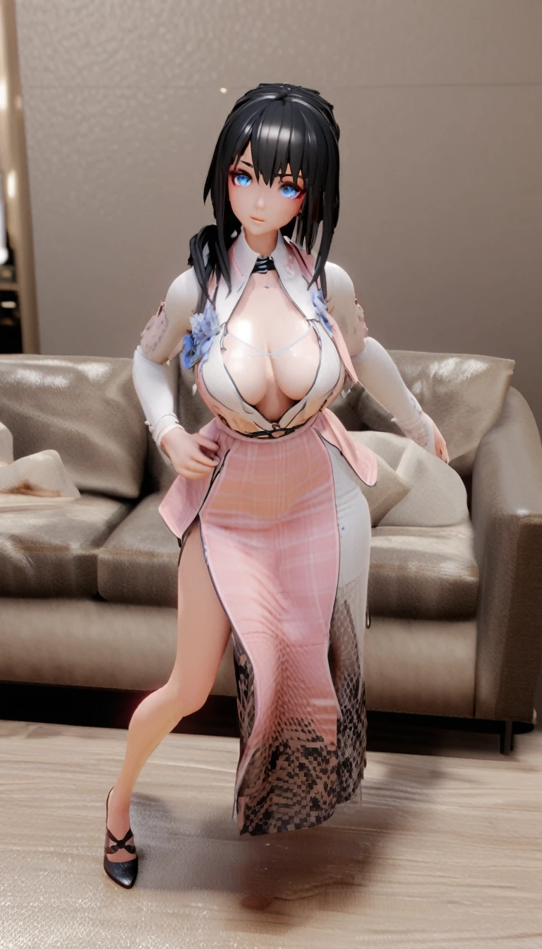 Black-haired, blue-eyed, large-breasted woman 3D