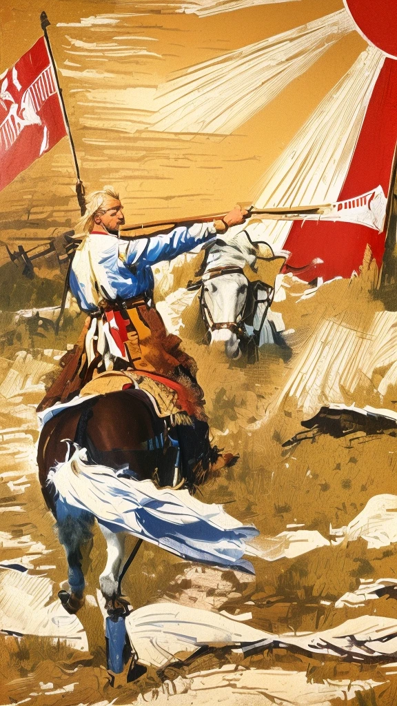 photo of a man with blond hair on a horse with a large Belarusian white-red-white flag, man riding a white horse, 20th century propaganda poster, Slavic mythology, bright sun. realistic colors, fields