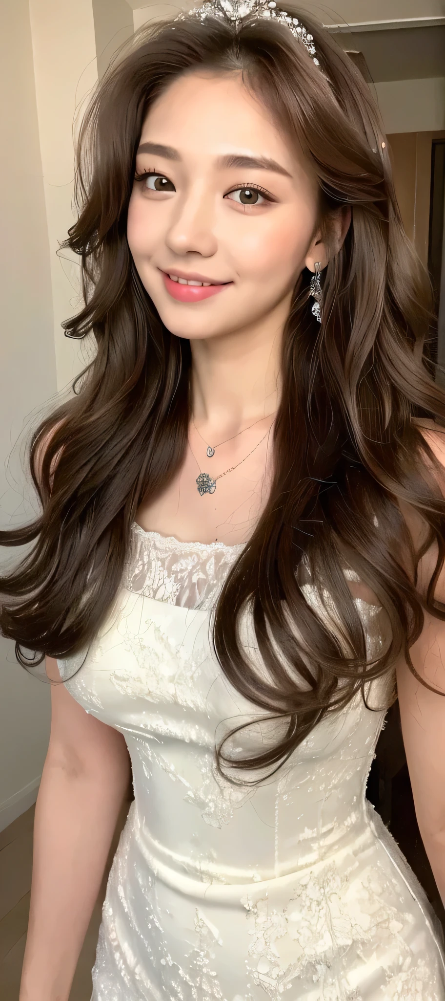 ((Highest quality, 8K, masterpiece: 1.3)), One girl, Perfect Body Beauty: 1.3, ( Random thick diva hairstyle casual), (( Long wavy brown hair)), (Queen), (Exposed big breasts), (Wedding dress), Super detailed face, Beautiful Eyes, double eyelid, smile, Short skirt, Lace panties, Earrings, necklace, Crown,