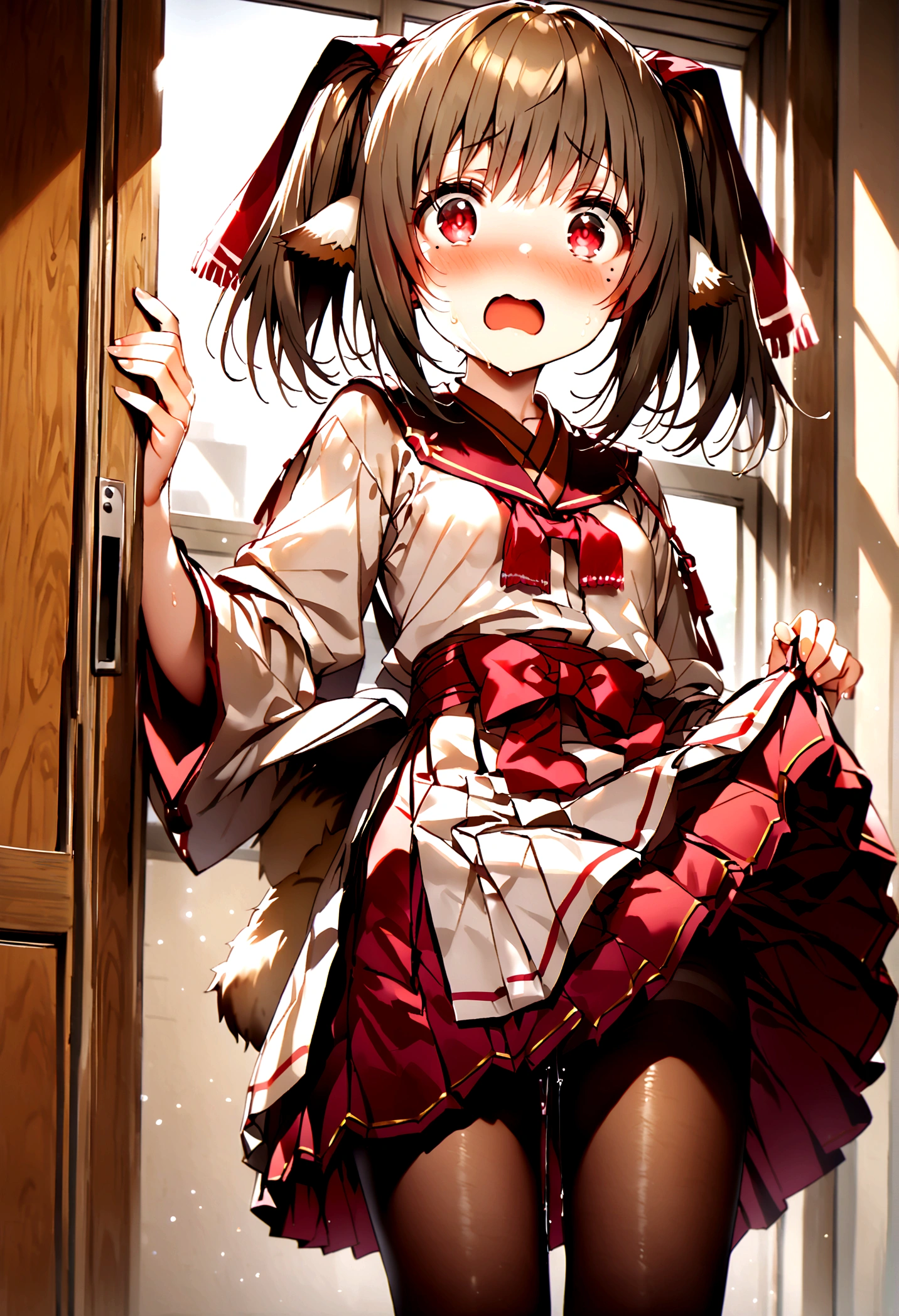 NSFW,masterpiece,Highest quality,High resolution,Super detailed,nekone \(utawarerumono\),Brown Hair、（Red Eye：1.3）、ribbon、Animal Ears、Twin tails、ヘアribbon、Mole、目の下のMole,Small breasts,uniform,mini skirt,pantyhose,Shocked face,blush,Confused eyes,School,locker room