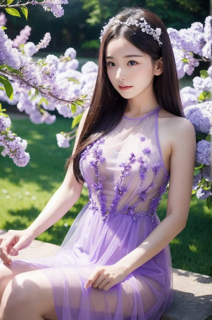 Realistic photos of beautiful women in their 30s。Transparent dress made of lilac crystals。Inside the Glass Castle。