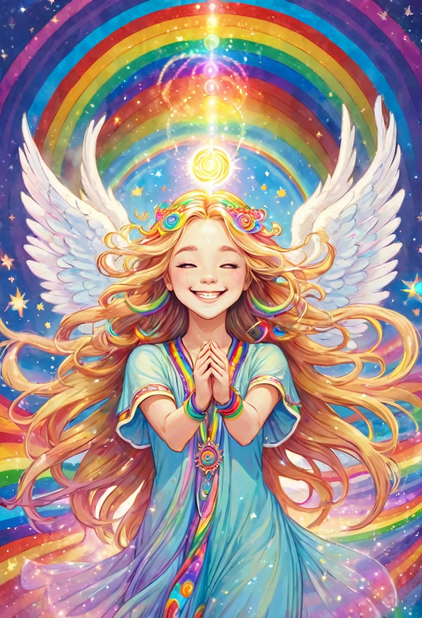 An angel rejoicing with the earth, long hair in rainbow colors in pastel colors, praying, holding a chakra stick, mandala, big rainbow lights, happiness, smile, love
