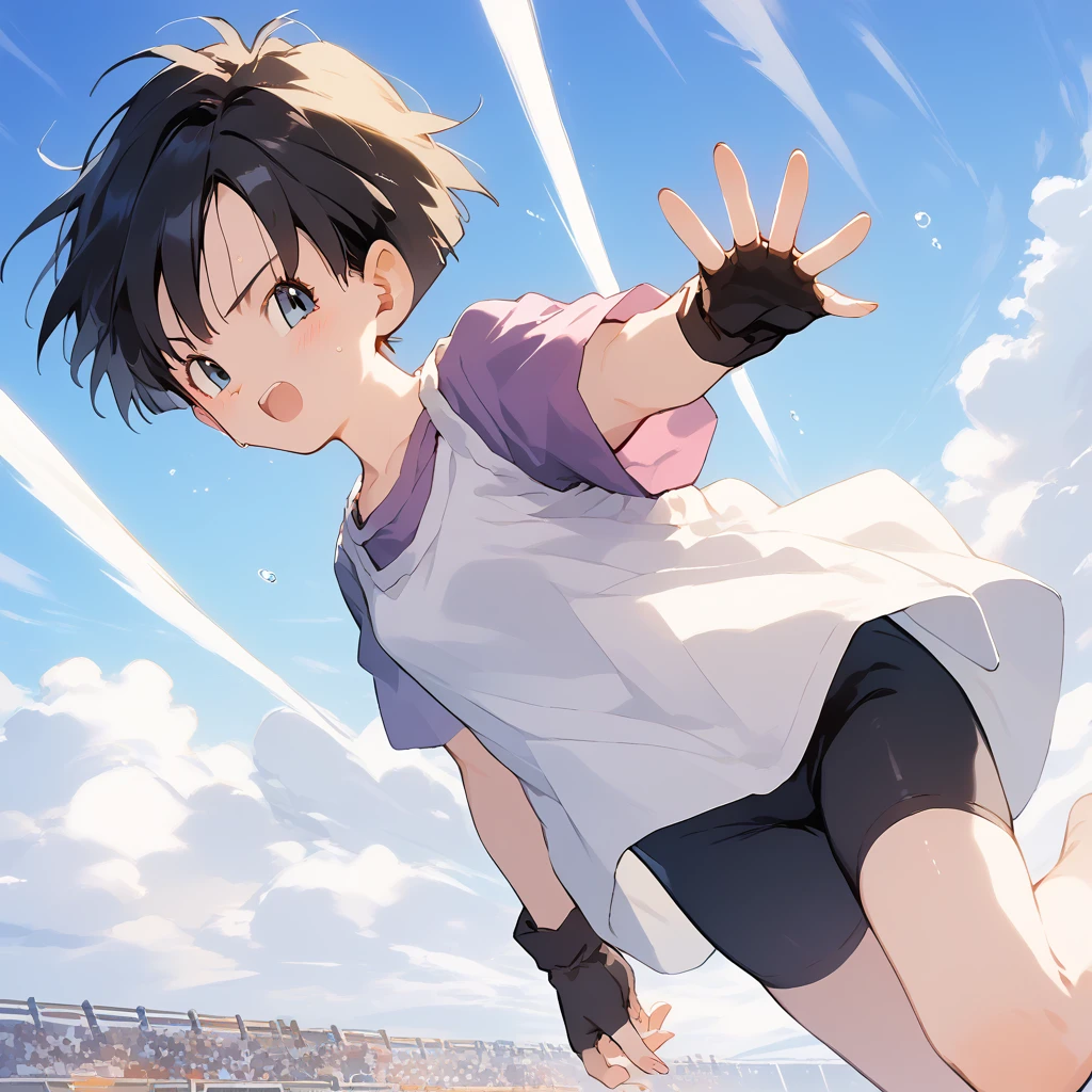 score_9, score_8_up, score_7_up, source_anime, best quality, masterpiece, official art, absurdres, highres, ultra-detailed,waifu2x,Collection: Slice of Life,break,1girl, Videl, short hair, spiked hair, blue eyes, bike shorts, purple shirt, (white shirt), fingerless gloves,sweat, open mouth, sleepily,  outdoors, wind,break,(clear line illustration:1.2), super detailed skin,very high resolution, very aesthetic, Best sexual lighting powered by famous artist, 8k,cute picture,beauty illustration,photoshop_(medium),,(Detailed Lighting),best anime 8k konachan wallpaper, pixiv contest winner, 