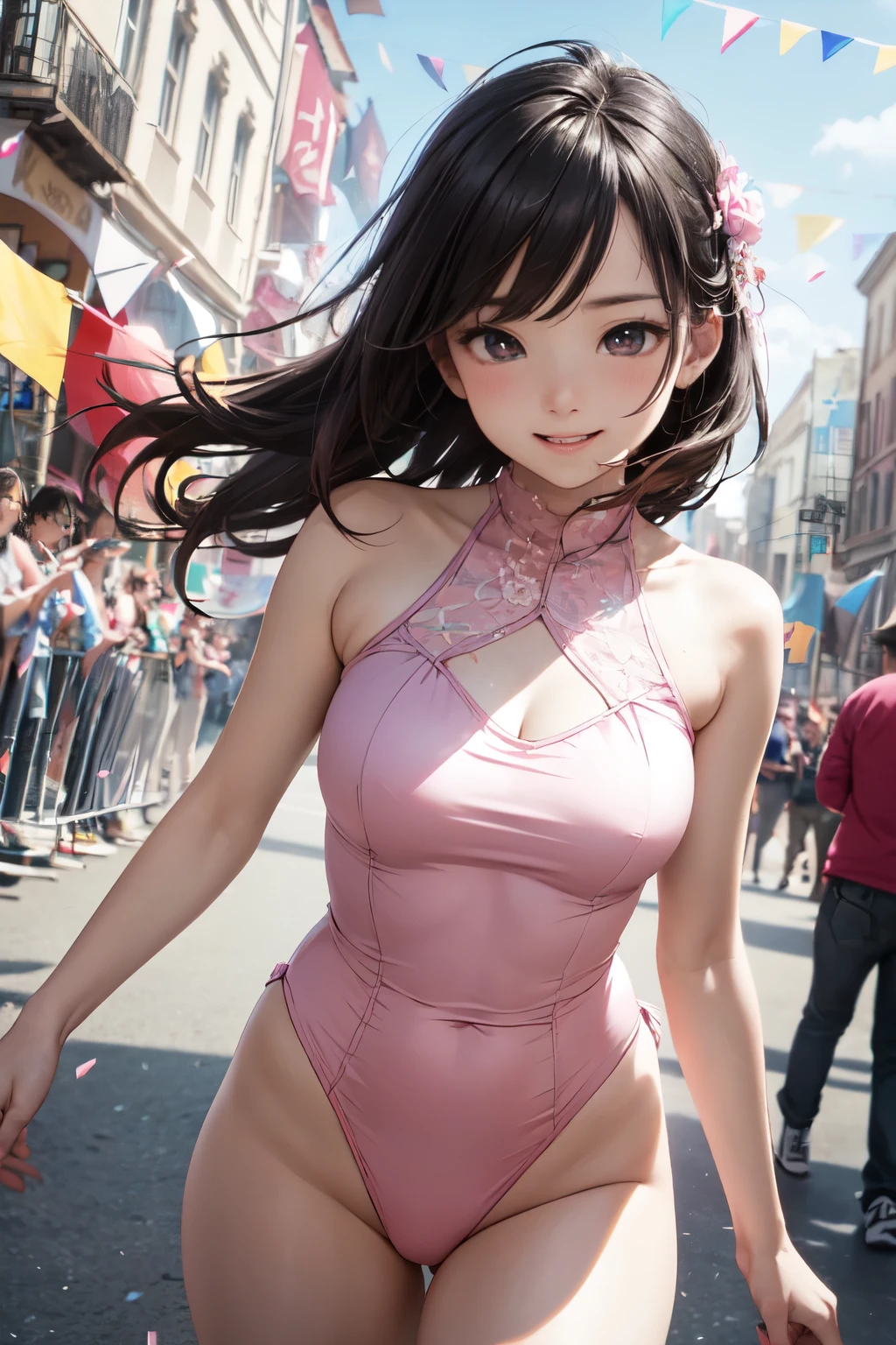 very cute and beautiful girl,(highly detailed beautiful face and eyes),(pink leotard:1.2),(sleeveless),(smile:1.2),happy,
festival in town street,(parade:1.2),(many people wearing pastel costume),flags,confetti in sky,outdoors,depth of field,
cowboy shot,standing,dynamic pose,black hair,hair band,
(best quality,masterpiece),absurdres,highres,ultra-detailed,extremely detailed,32k,8k resolution,
intricate details,cinematic scene,detailed background,solo,dynamic angle,hair fluttering in the wind,