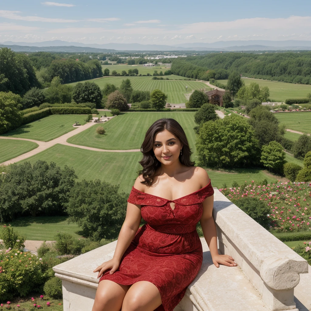 Lykaan, 1girl, solo, 30 years old, (((Georgian face))), (((Georgian nose))), (((Georgian lips))), ((((curvy and chubby)))), (((Caucasian Brunette))), wavy medium hair, upper body and upper legs, wearing red off shoulder dress, background: overlooking rose garden in Canada, smiling