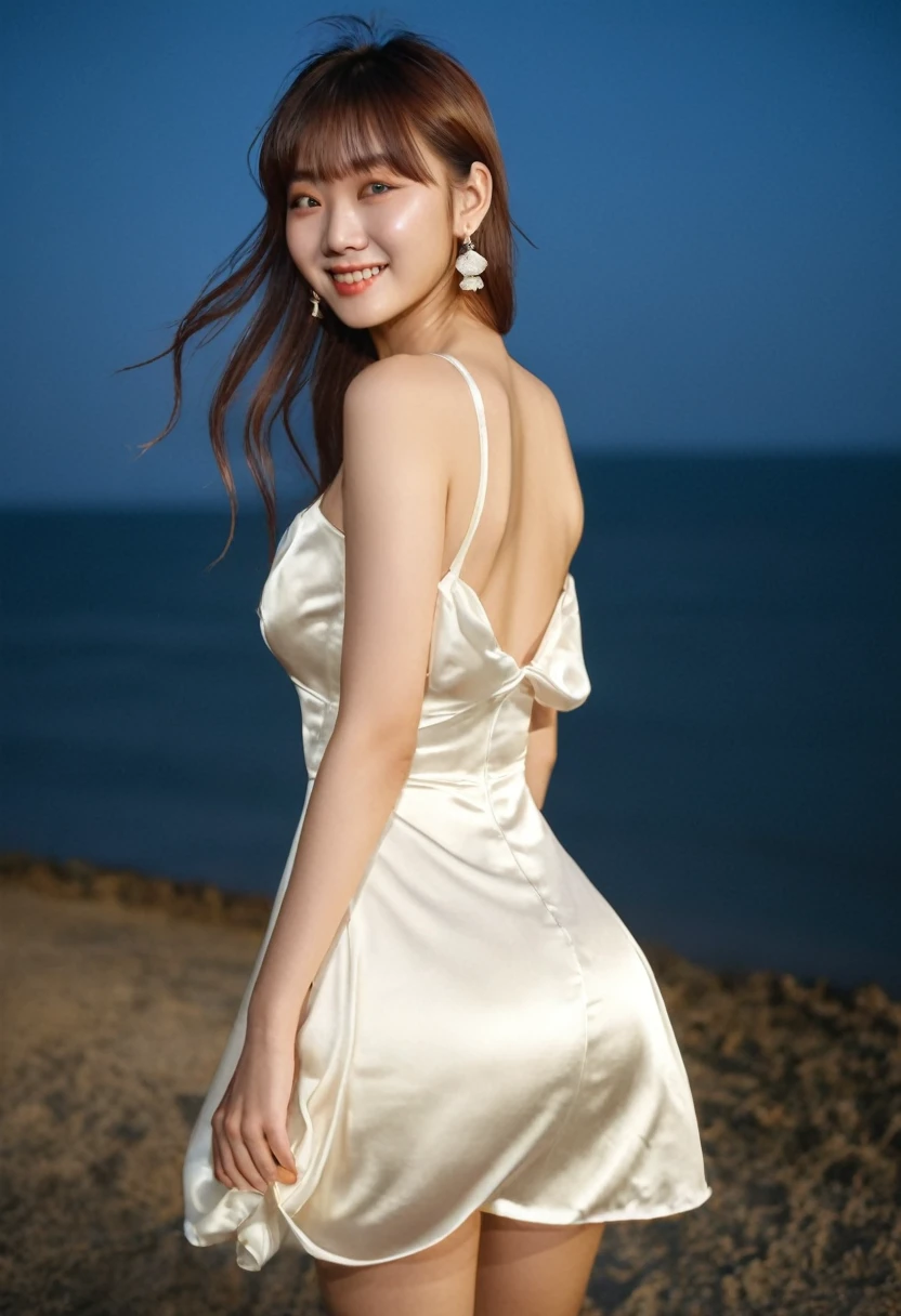 (8K、RAW Photos、Highest quality、Masterpiece: 1.2)Highest quality, masterpiece, Ultra High Resolution High Resolution 1 Girl, Very bright backlight, alone, {Beautiful and detailed}, Large Breasts, Dazzling moonlight, Calm expression, Natural and soft light, Windblown Hair, Delicate facial features, Blunt bangs, Beautiful Korean Girl, Smile eyes, Very small earrings,(Wearing a satin dress:1.3),(Looking back from the back:1.3) ,23 years old, Film Grain, Real Hands,A shy smile,Sexy pose,snow-white teeth