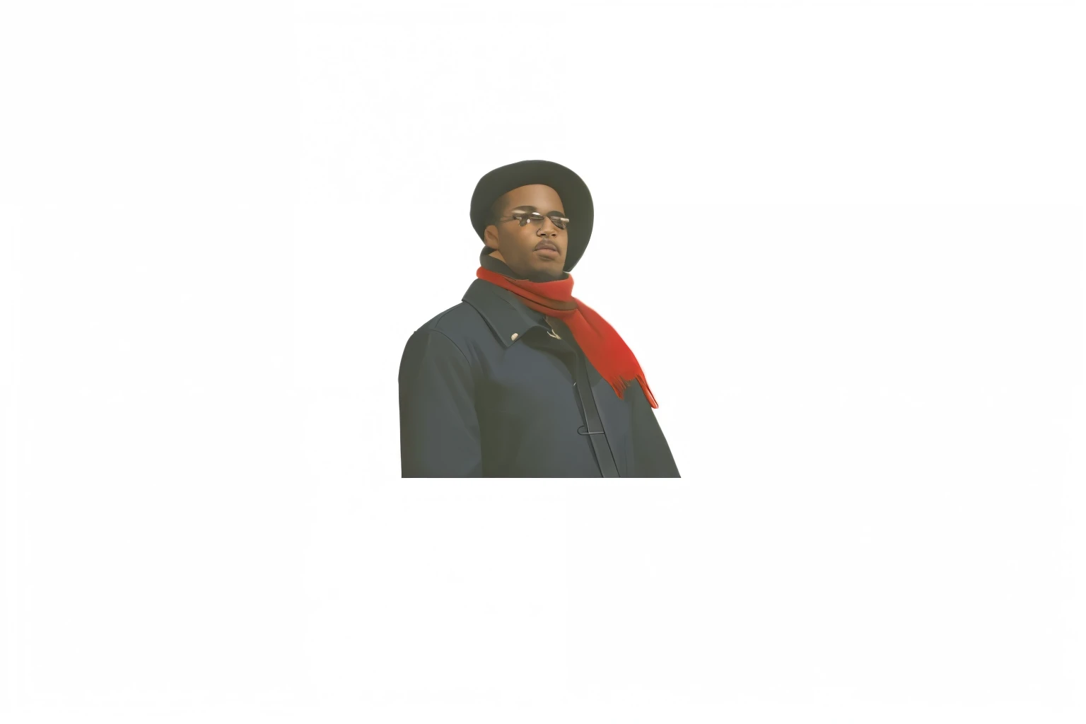 Black American Man, red scarf, wearing Navy Blue Coat