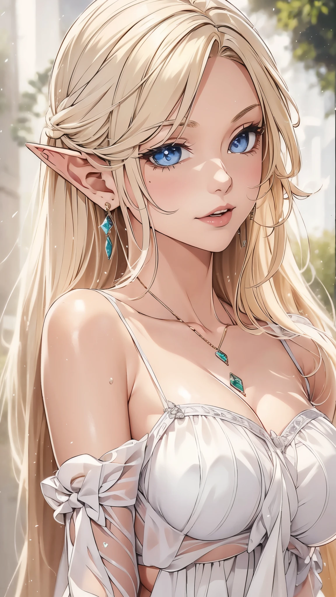 1 girl, Beautiful elf lady, blonde Long straight hair, upturn elf pointy ears, sexy figure, hot body, big breast, very beautiful face, detailed face, delicate eyes, detailed pupil, beautiful and delicate lips, blush, shy, heart, in love, white camisole long skirt, Simple and stylish, small crystal earrings, hand drawn animation, high detailed, outdoor, symmetrical clothes, best quality, masterpiece, retina,