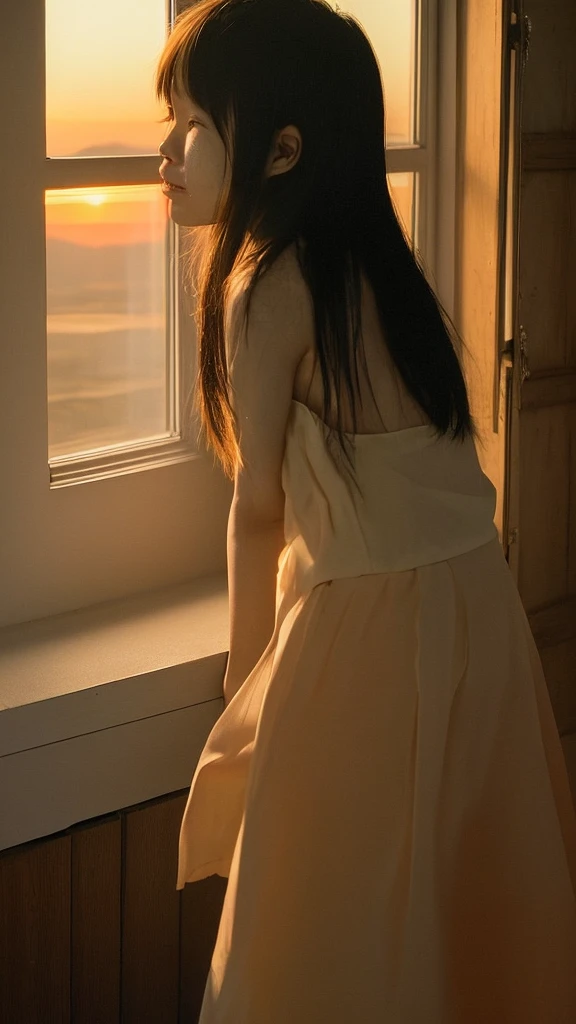 Sunset light coming in through the window 、A Japanese girl in her twenties crying in the corner of a room while looking at a photo