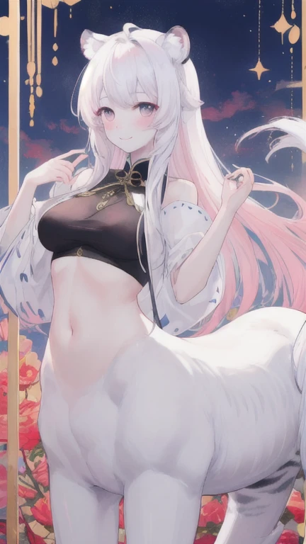 (best quality, masterpiece), 1 girl, centaur, It takes, White skin, Korean , black pink,Smiling, exposing the abdomen, , 아름다운 소녀 perfect white tiger photo, perfect white tiger photo