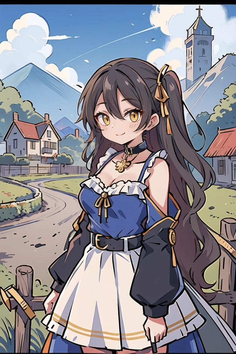 (masterpiece:1.2), (high quality:1.2), (hui xiyi:0.75), rekkyo sensen, rekkyou sensen, solo focus, girls with((black hair, tits cleavage, exposed breasts, breasts close up, dress, blue clothes, ribbon belt, off-shoulder sleeves, long sleeves, furry jacket, frills shirt, frills camisole, straps, (rosary choker, golden rosary, cross:1.05), upper body, (long wavy hair, one side up:1.4))), background with ((architecture, blue sky, building, bush, castle, village, no humans, cloud, cloudy sky, day, fence, field, garden, grass, hill, house, lamppost, landscape, mountain, mountainous horizon, nature, no humans, outdoors, scenery, shrine, sky, tower)), cowboy shot, anime, anime style