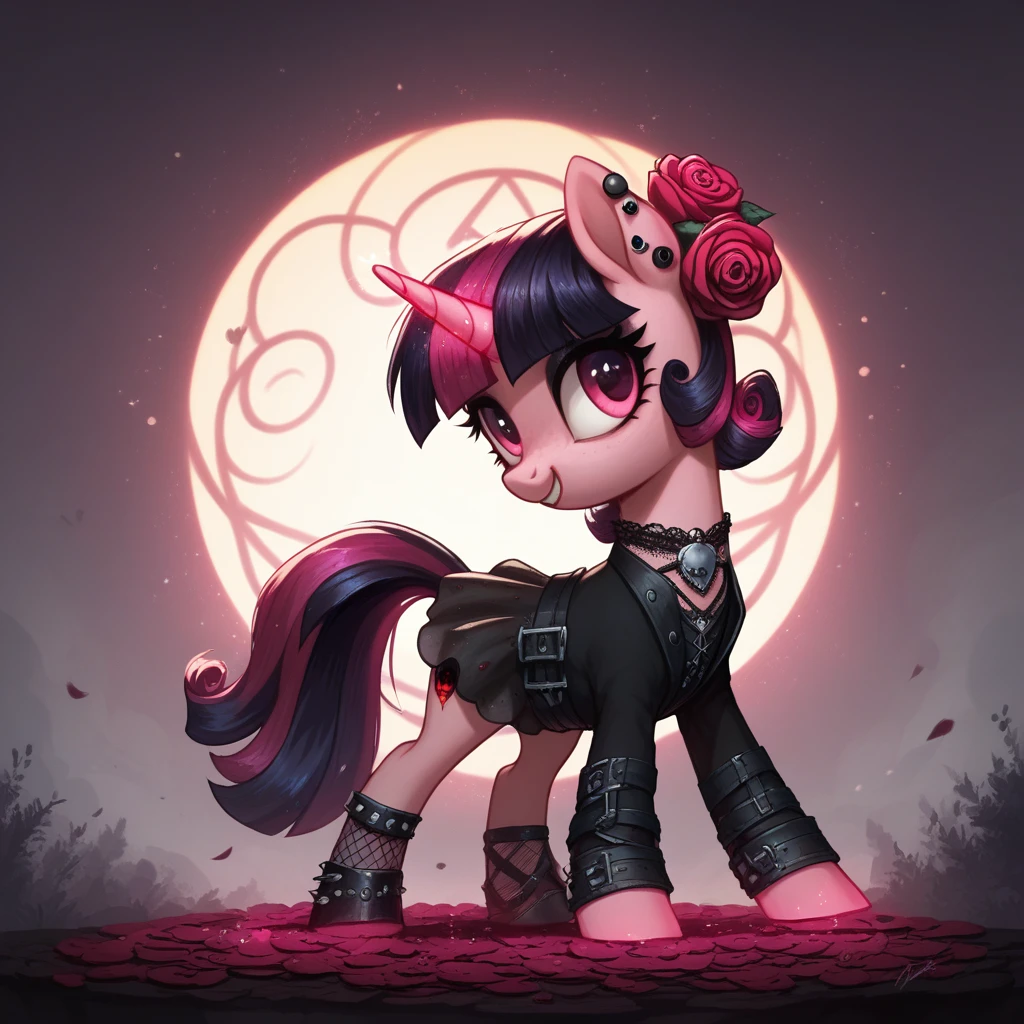 score_9,score_8_up,score_7_up,score_6_up, cute Rose pony, Goth fashion, glowing backlight, candy, pink scene, glitter, whimsical, enchanted, magical, fantasy art concept, intricate details,