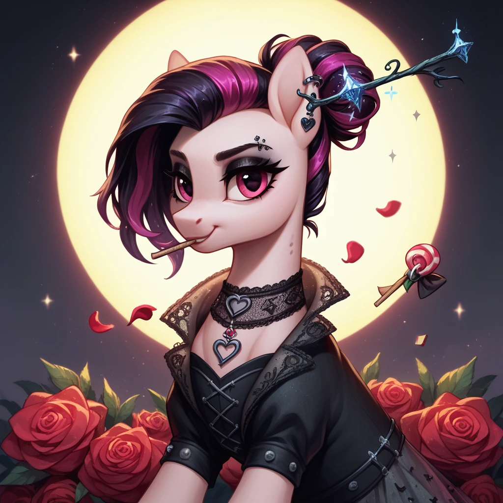 score_9,score_8_up,score_7_up,score_6_up, cute Rose pony, Goth fashion, glowing backlight, candy, pink scene, glitter, whimsical, enchanted, magical, fantasy art concept, intricate details,