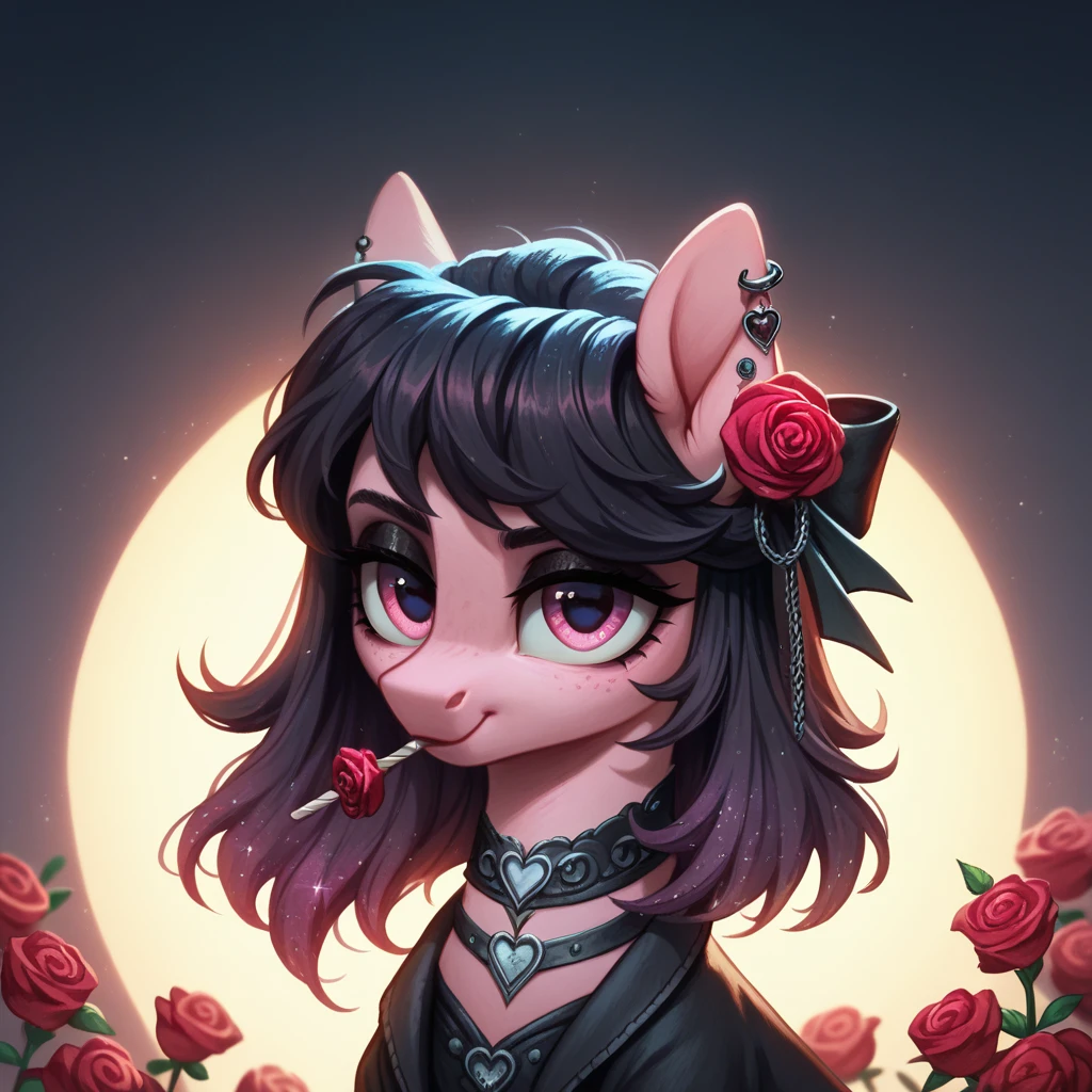 score_9,score_8_up,score_7_up,score_6_up, cute Rose pony, Goth fashion, glowing backlight, candy, pink scene, glitter, whimsical, enchanted, magical, fantasy art concept, intricate details,