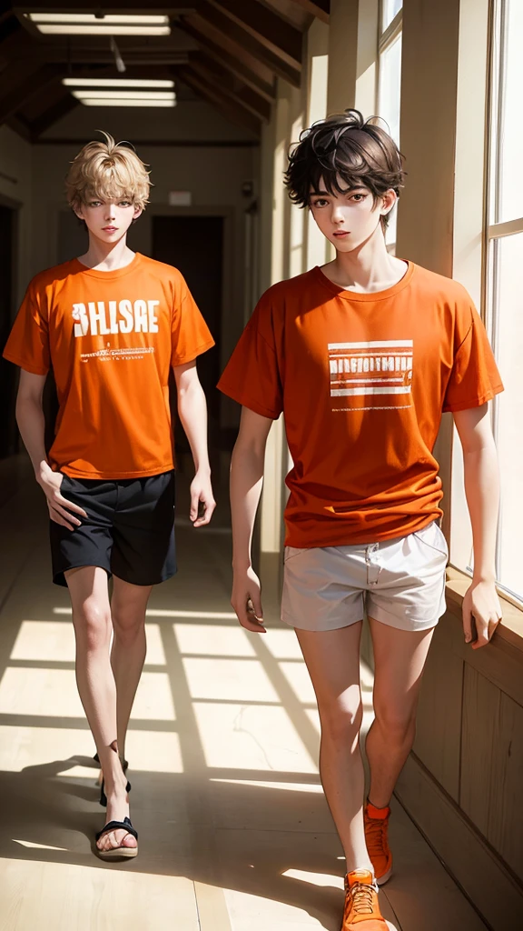 masterpiece: 18-year-old men, with messy hair, wearing orange t-shirts and orange , with shaved legs, walk through the galleries of a prison. Maximum photographic quality. interior light.