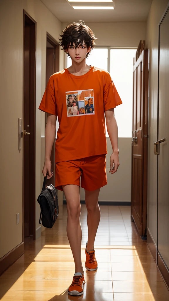masterpiece: 18-year-old men, with messy hair, wearing orange t-shirts and orange , with shaved legs, walk through the galleries of a prison.  Maximum photographic quality.  interior light.