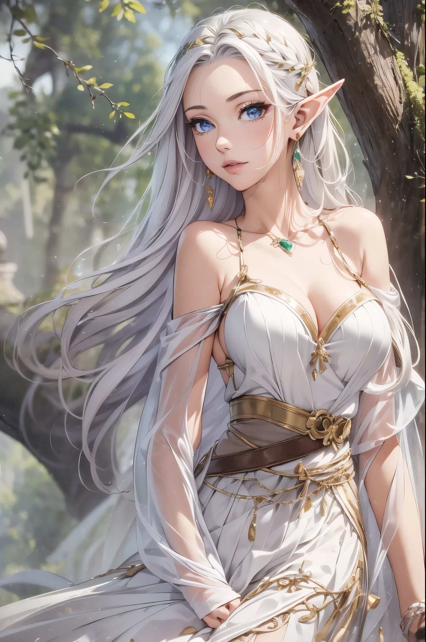 1 girl, Beautiful elf lady, silver white Long straight hair, upturn elf pointy ears, sexy figure, charming breast, white tone skin, very beautiful face, detailed face, delicate eyes, detailed pupil, beautiful and delicate lips, blush, shy, heart, in love, light smile, white camisole long skirt, Simple and stylish, small crystal earrings, hand drawn animation, high detailed, outdoor, symmetrical clothes, best quality, masterpiece, retina,