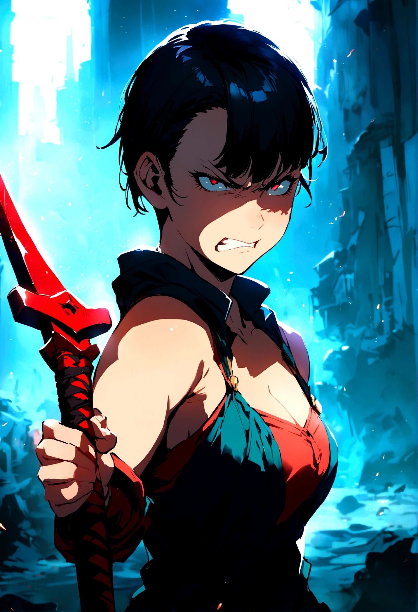 Woman, short black hair, sidecut, angry face, holding a red sword 