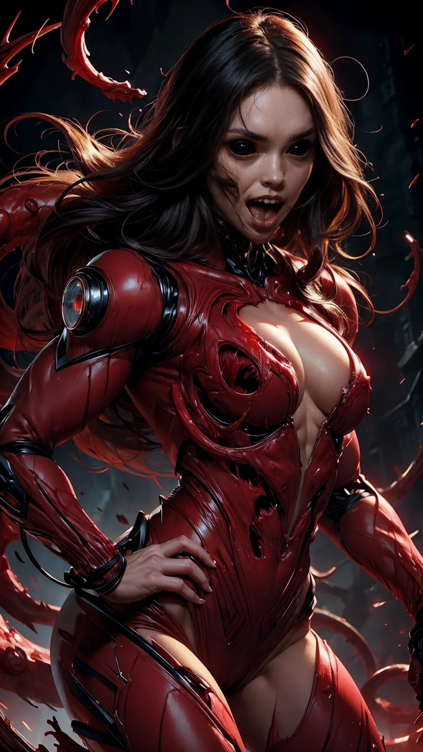 (beautiful girl face:1.45), megan fox as a vampiric muscular red carnage, (mouth wide open with tongue out:1.25), (red carnage anatomic muscular bio-mecha muscle suit:1.25), (body totally covered in muscles, veins, tendons), (perfect muscular anatomy),