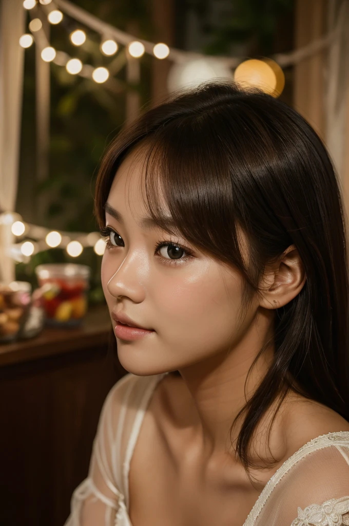 (((photographic, photo, photogenic))), extremely high quality high detail RAW color photo, conversation between Minsoo and Ji-eun, romantic mood, party room ambiance, looking at each other, subtle smiling, Canon EOS R5 effect, focus on Ji-eun, soft lighting, warm tones, depth of field effect, intimate atmosphere, eye contact, elegant attire, candid moment, genuine expressions, detailed facial features, background party lights bokeh, emotional depth, nuanced skin tones