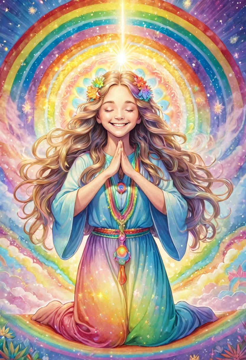 An angel rejoicing with the earth, long hair in rainbow colors in pastel colors, praying, holding a chakra stick, mandala, big rainbow lights, happiness, smile, love
